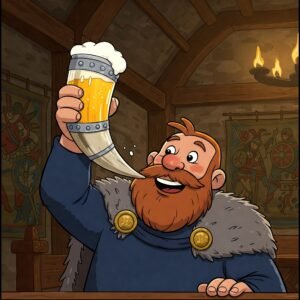 A cartoon of an Anglo-Saxon holding aloft an ornate drinking horn filled with beer