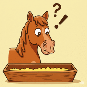 Cartoon of a horse looking confused by a trough of beer